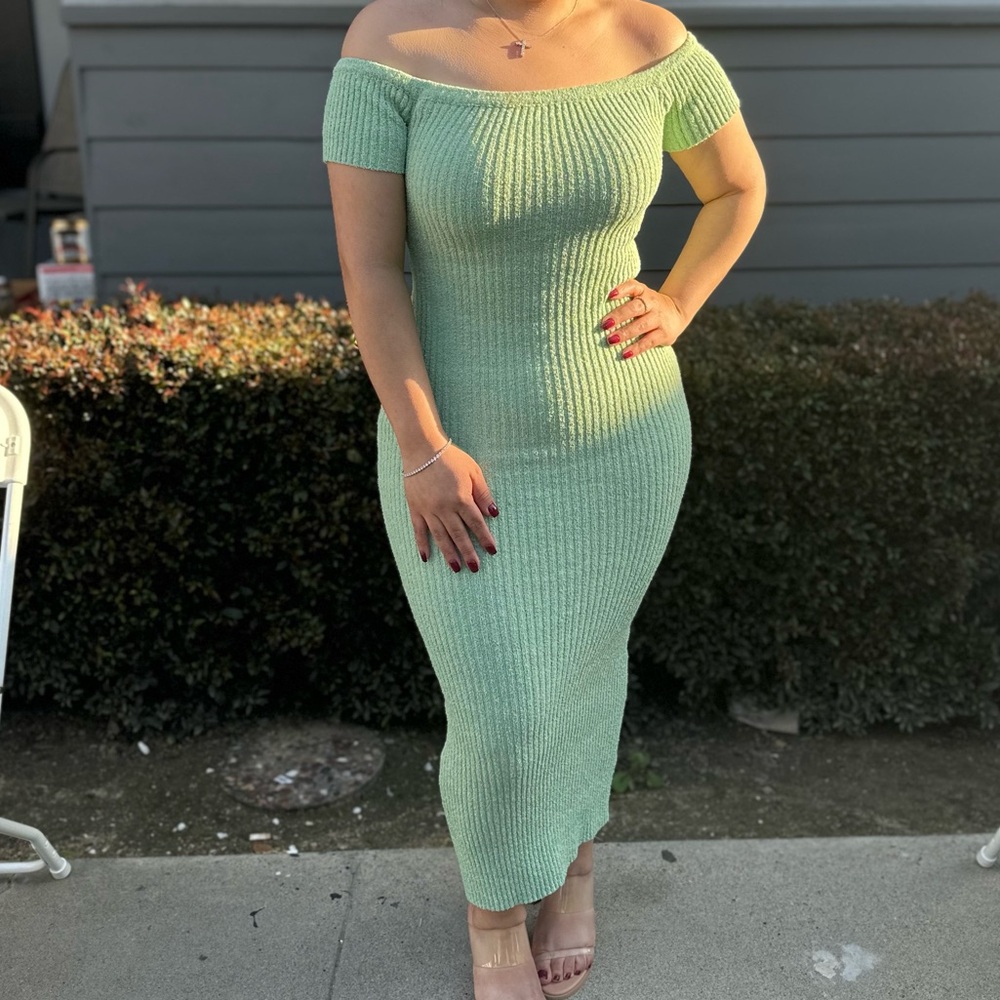 & Other Stories One-Shoulder Ribbed Midi Dress in Mint Green